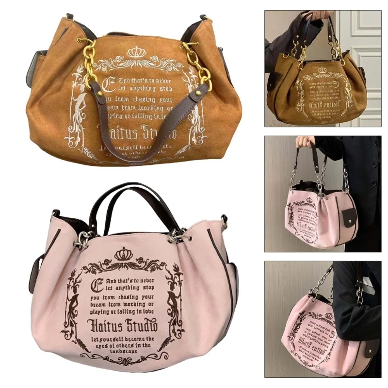 Harajuku Canvas Pumpkin Crossbody Bag for Women Aesthetic Gothic Letter Embroidery Chain Handle Shoulder Handbag