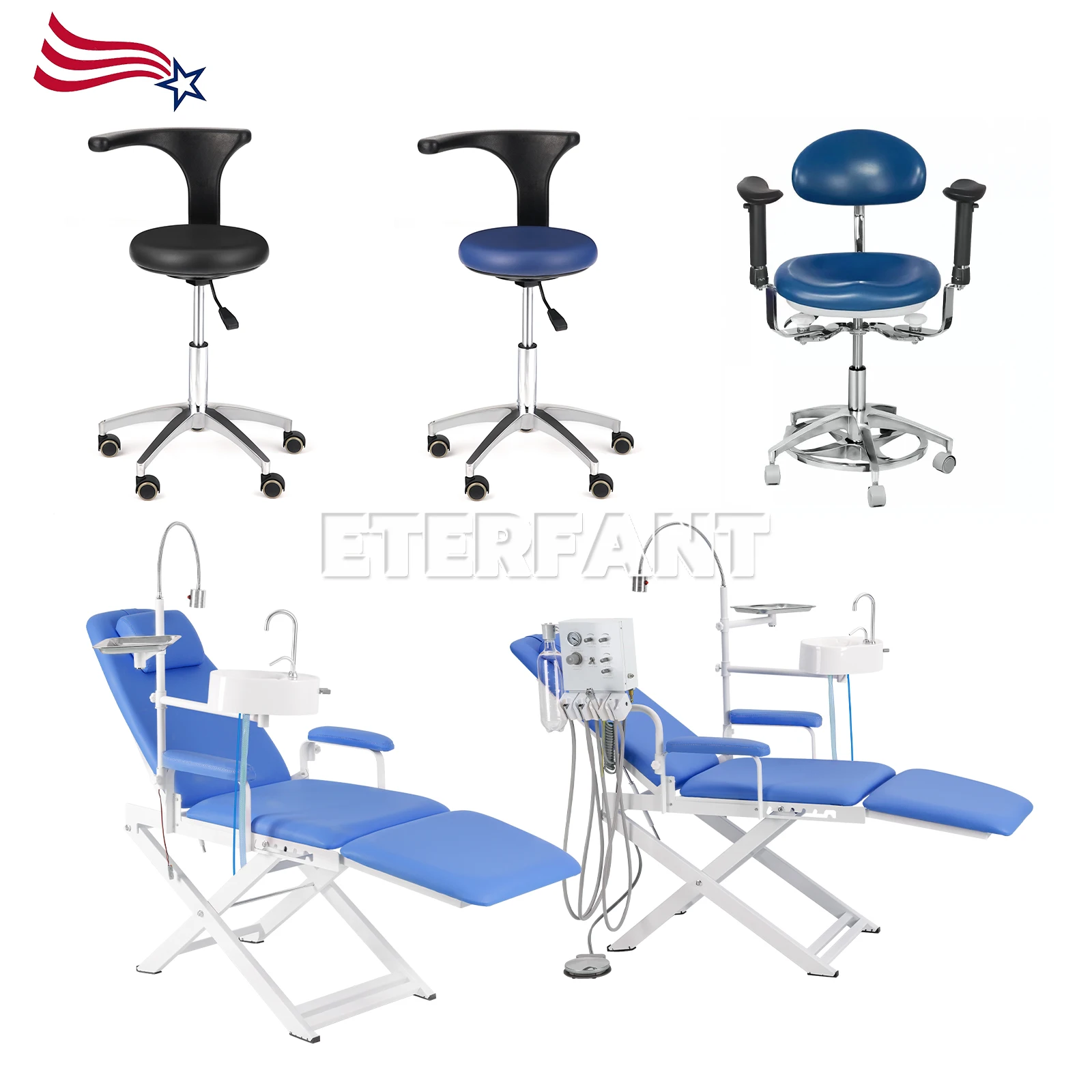 

ENTERFANT Dental Mobile Chair Black/Blue/Fold Chai/Microscope Stool with Armrest Surgeon Chair/Fold Chair+Air Turbine