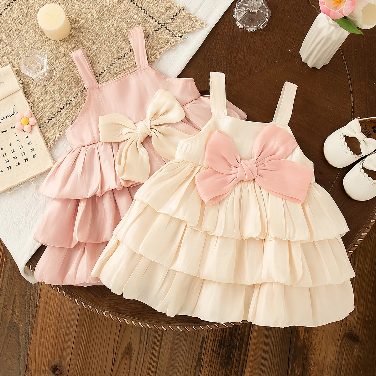 Baby Girl Dress Summer Bow Solid Color Halter Multi Layered Design Hem Girl Kid's Dress Cute Casual Baby Princess Dresses ﻿