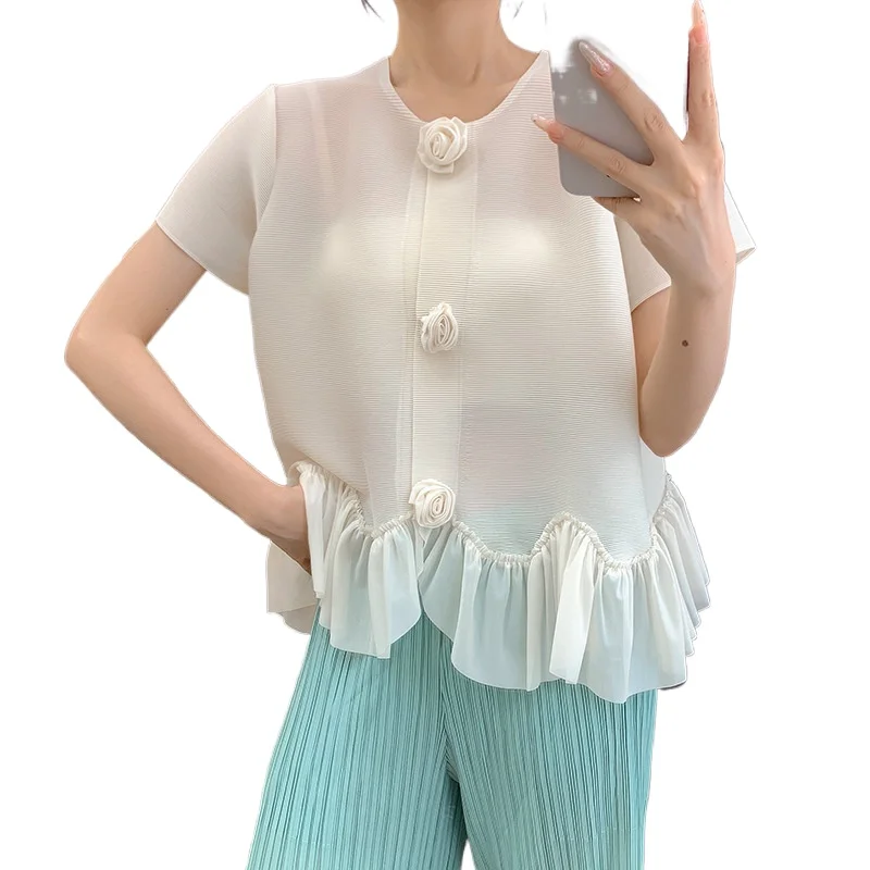 

Miyakaya Style Pleated T-shirt for Women 2025 New High-end Design Sweet and Fresh Style Loose and Versatile Short-sleeved Top
