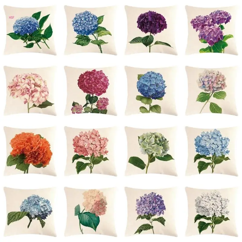 Elegant Print Hydrangea Throw Pillow Cover with Delicate Flower Pattern Linen Pillowcase Mother Day Cushions Case