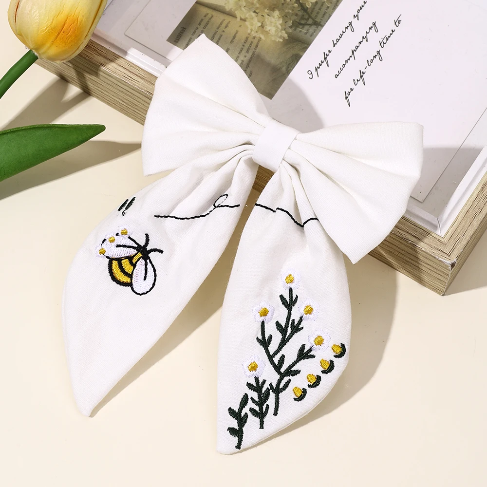 Pinzas para el cabello con lazo bordado de abeja, horquillas con lazo blanco y flor dulce, pasador bonito para niñas y niños, accesorios para la cabeza