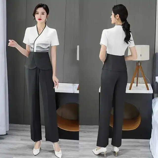 

Beauty Salon Beautician Uniform Spa Masseuse Clothing Female Nail Technician Hotel Front Desk Work Clothes Top Plus Pants Set-Bc