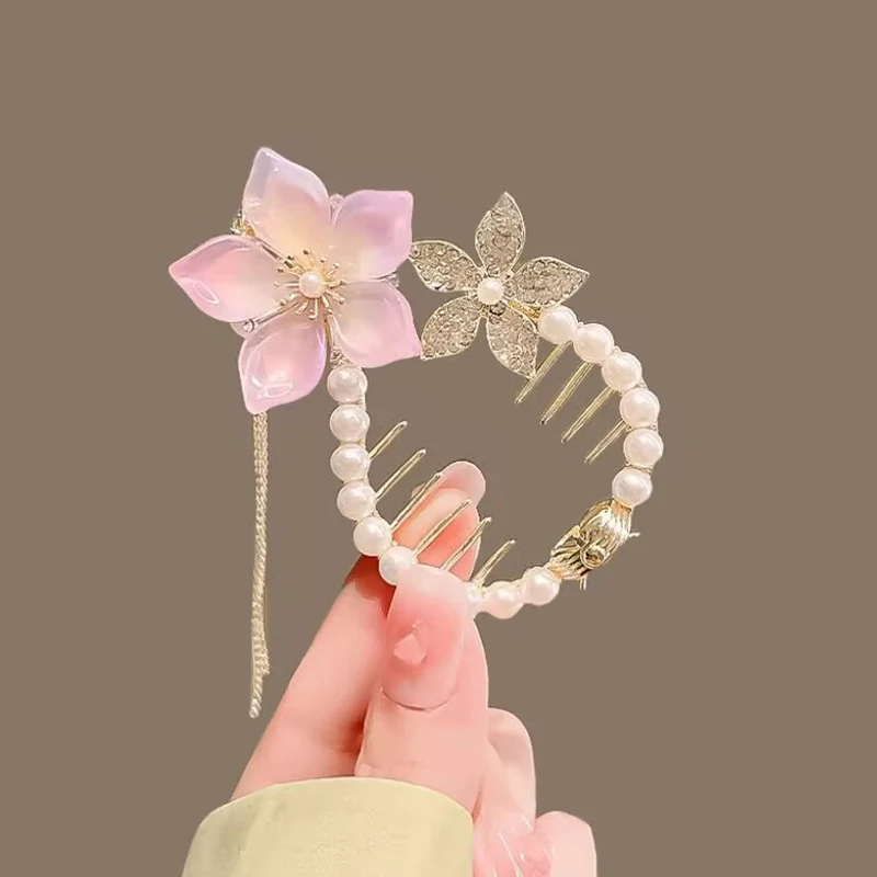 1Pcs Fashion Pearl Tassel Crystal Flower Hair Claws For Women Girls Party Ponytail Hair Accessories