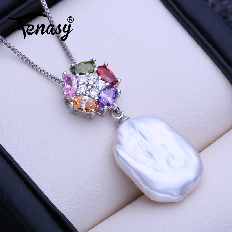 FENASY Natural Freshwater Big Baroque Pearl Necklaces Gifts For Women 925 Sterling Silver Colorful Flower Pendant Party Jewelry