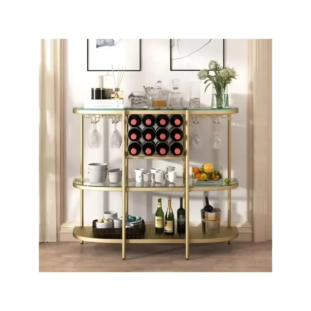 

Home bar with wine rack, 3rd tier bar table with glass shelves, wine cooler with open shelves, bar coffee bars table, gold