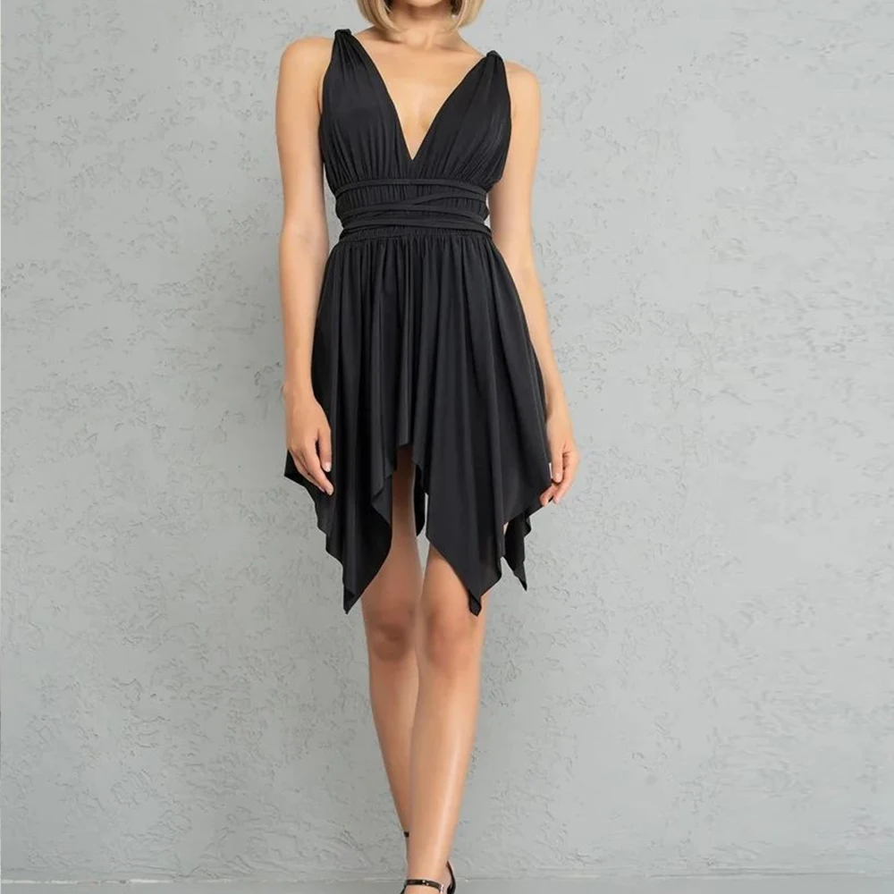 

Sexy Black Deep V-Neck pleats Cocktail Dress Custom Size Simple Straight Above Knee Length Jersey Sleeveless Vestido De Festa