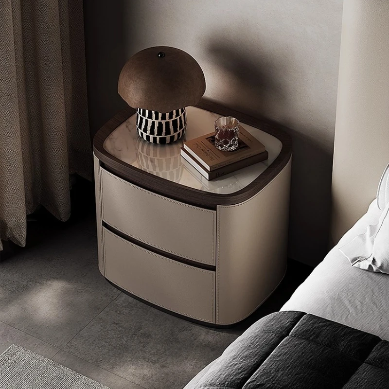 

Italian minimalist bedside table, light luxury, simple and modern, high-end leather bedside table, bedroom new slate cabinet