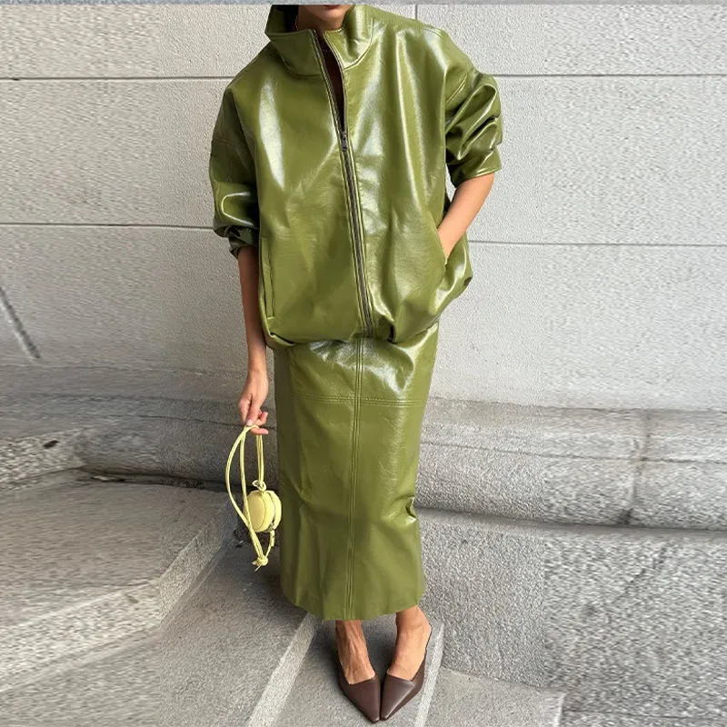 Leather Jackets Skirts Sets Women Zipper Long Sleeves High Waist Pu Pants Suits 2026 Spring Chic Street Solid Holiday Outfits