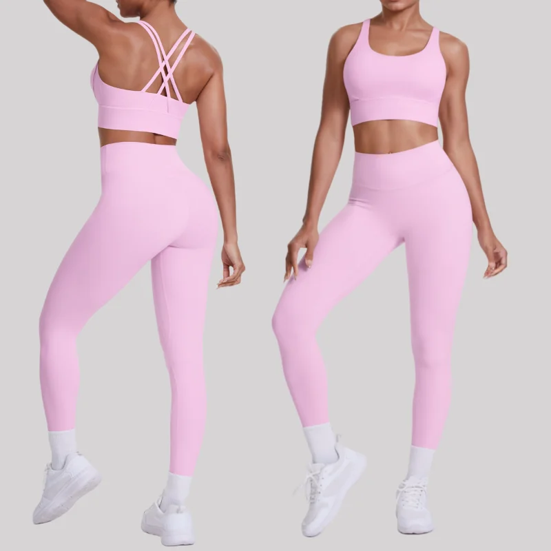 

Naked Brushed Yoga Set Sports Fitness Peach Hip High Waist Slim Cross Backless Bra Casual Workout Clothing Gym Suit for Women