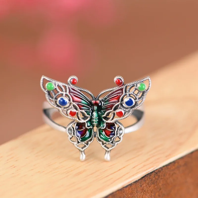 Multi-color 925 Sterling Silver Butterfy Ring for Women,Adjustable