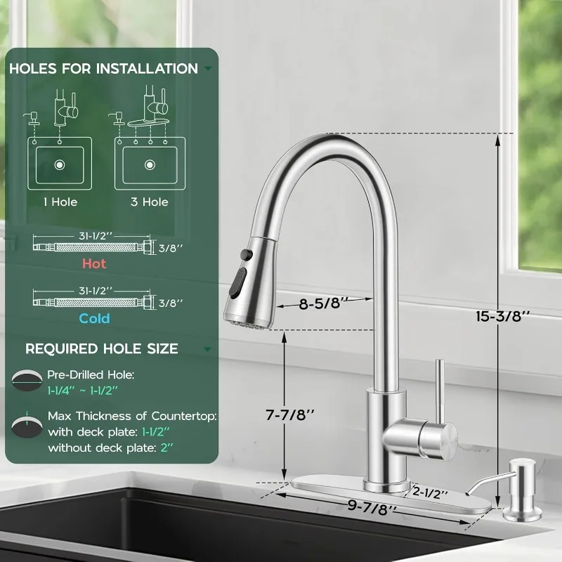 Keran dapur dengan semprotan tarik ke bawah, keran dapur dengan Dispenser sabun Stainless Steel rumah pertanian RV