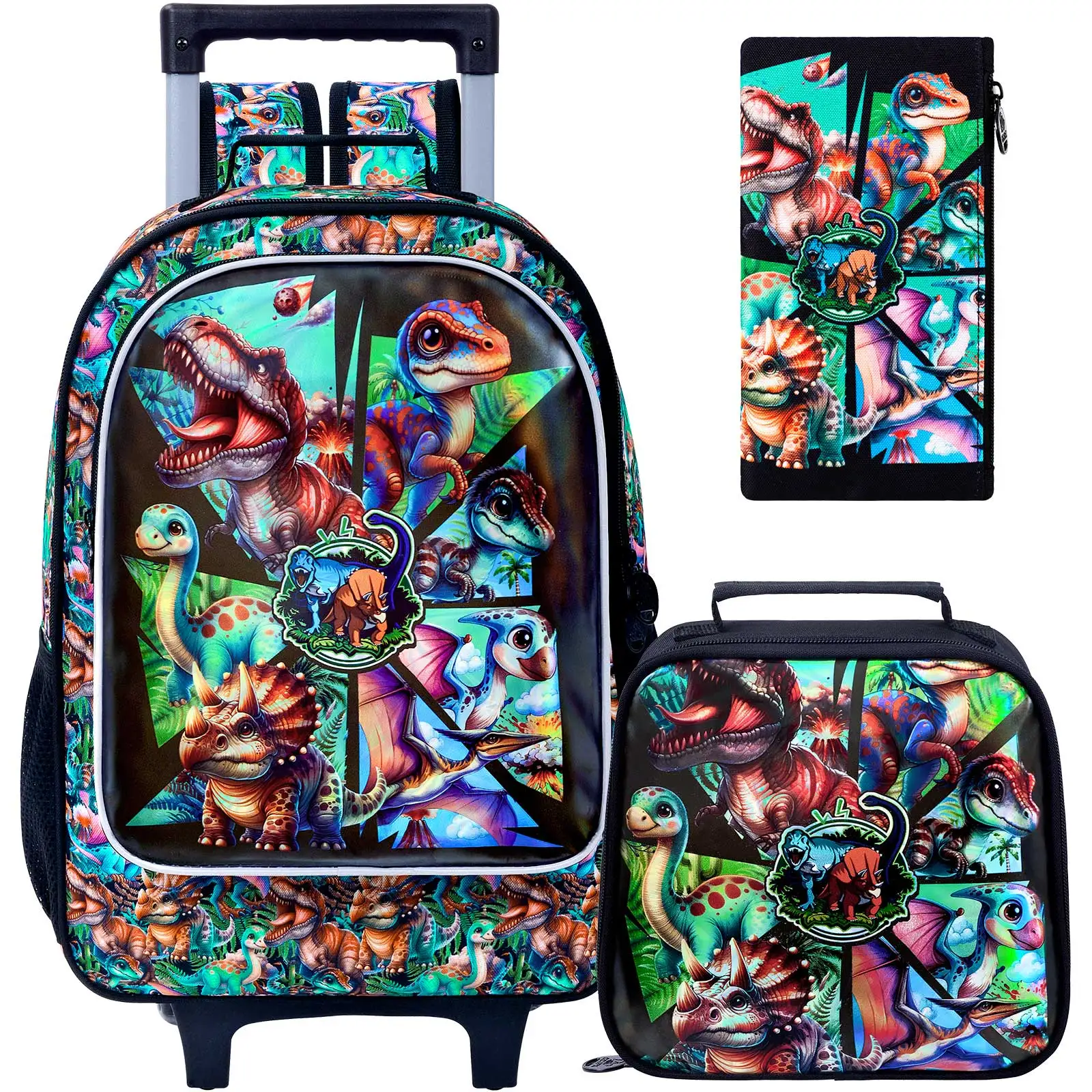 

Boys Rolling Backpack, Cool Dinosaur Roller Wheels Kids Bookbag - Wheeled Elementary School Bag - 3PCS Dinosaur
