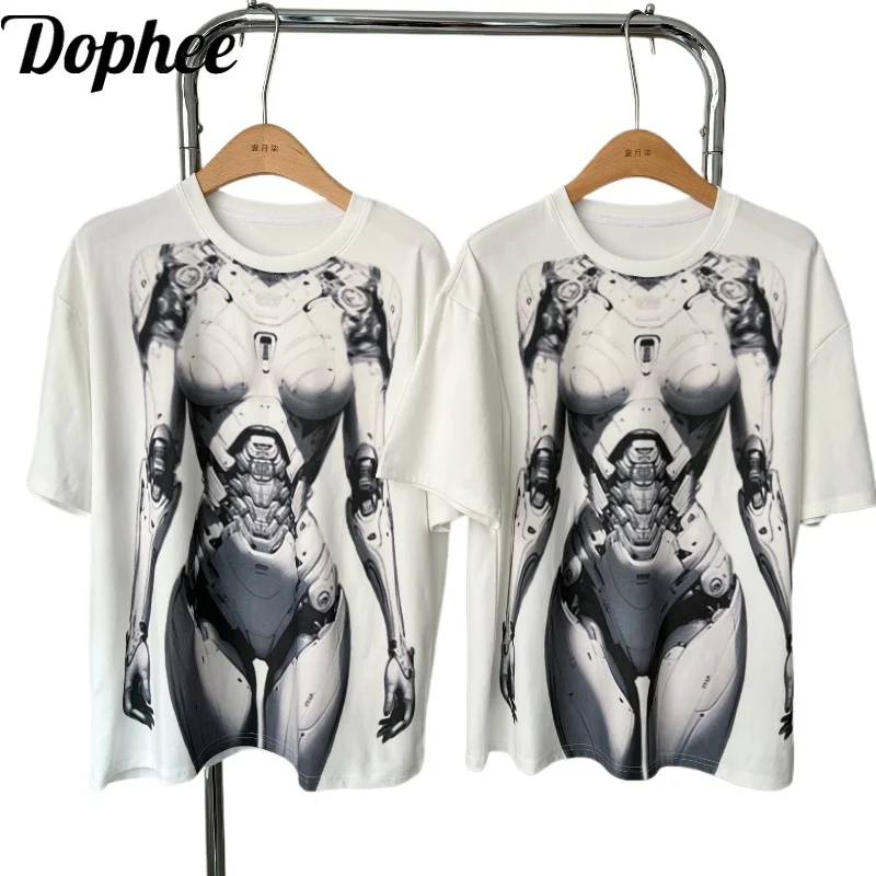 

Dophee Lady Oversize Pullover Top 2024 New Summer All-match Loose Short Sleeve T-shirt Future Robot Printing Casual Women Tees