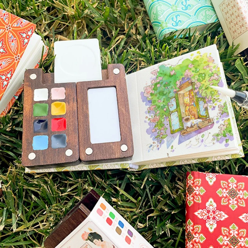 Wooden Box Watercolor Paint 8 Colors Walnut Color Mini Solid Watercolor Dispenser Paint Boxes