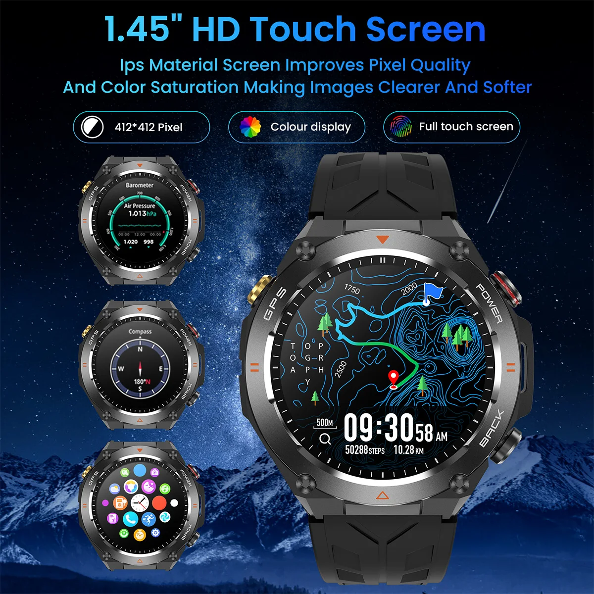 GPS relógio inteligente masculino lanterna ipx8 à prova dwaterproof água bússola 650mah esporte ao ar livre rastreador bluetooth chamada smartwatch 100 + modos esportivos