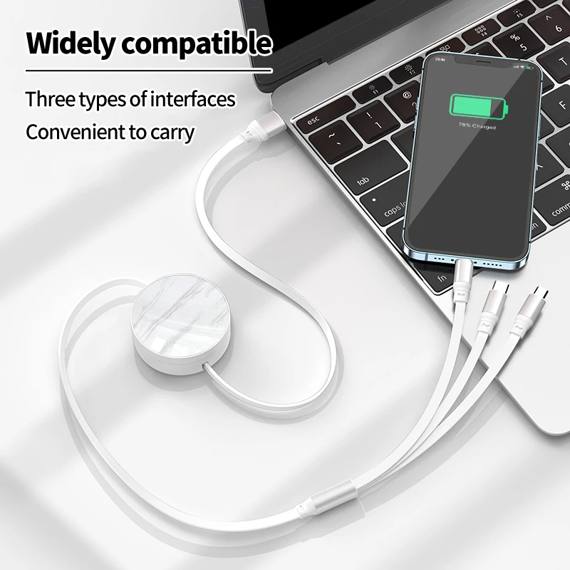 3 In 1 USB Fast Charging Cable Retractable 6A/66W Type C Charger Cord Data Cable For iPhone Xiaomi Huawei Oppo POCO Wire
