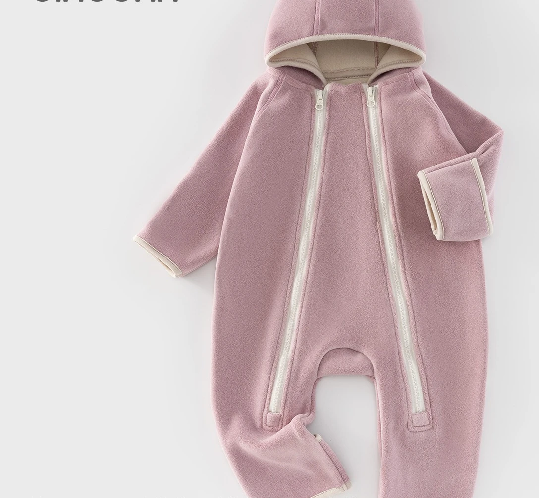 Autumn and Winter Fleece Warm Hooded Jumpsuit with Zipper and Crawling Suit Double Sided Fleece Baby Clothes