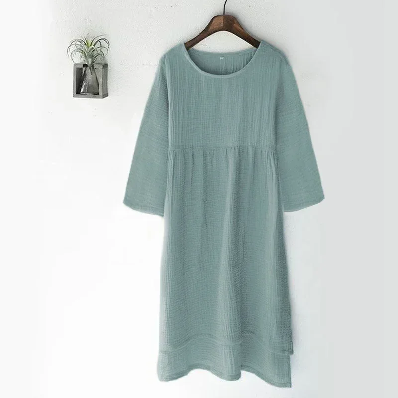 Vintage 100% Cotton Gauze Summer Dress Solid O-Neck Short Long Basic Home Women Sundress Parent-Child Outfit 121964WLA