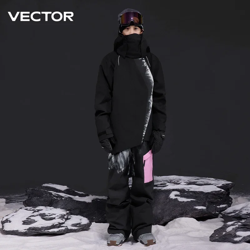 VECTOR Men\'s and Women\'s 3L Diagonal Jacket Windproof and Waterproof Nylon Full Pressure Adhesive Technology for Outdoor Skiing