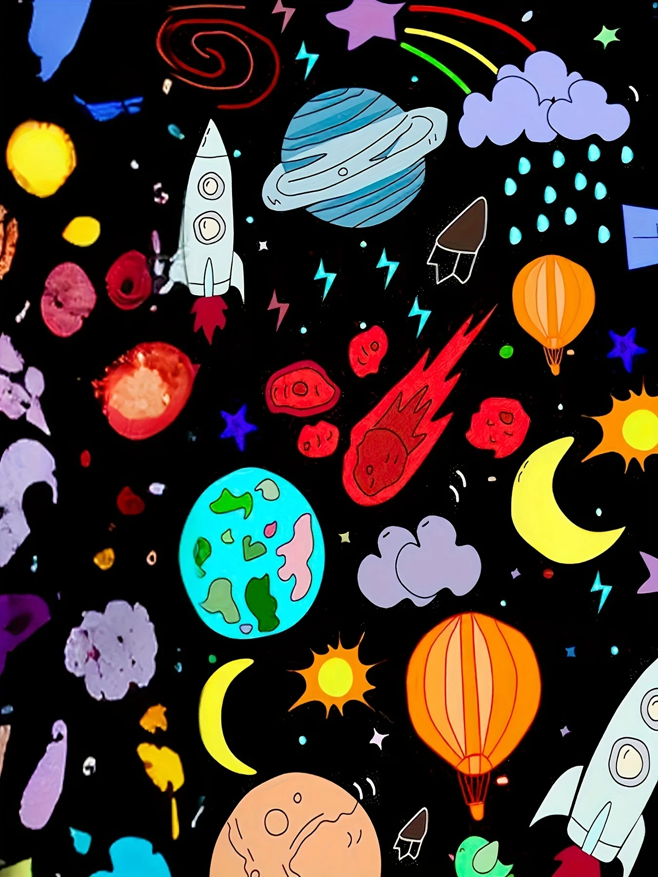Damen-T-Shirt - Farbenfrohes Weltraum-Cartoon-Muster, Verspieltes Galaxie-Print-Design für Lässige Tägliche Kleidung – Detail 5