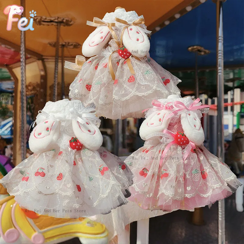 

Cute Rabbit Ear Pet Dog Clothes Fashion Fine Strawberry Print Lace Princess Dress For Small Medium Dog Teddy Poodle Dog Skirts
