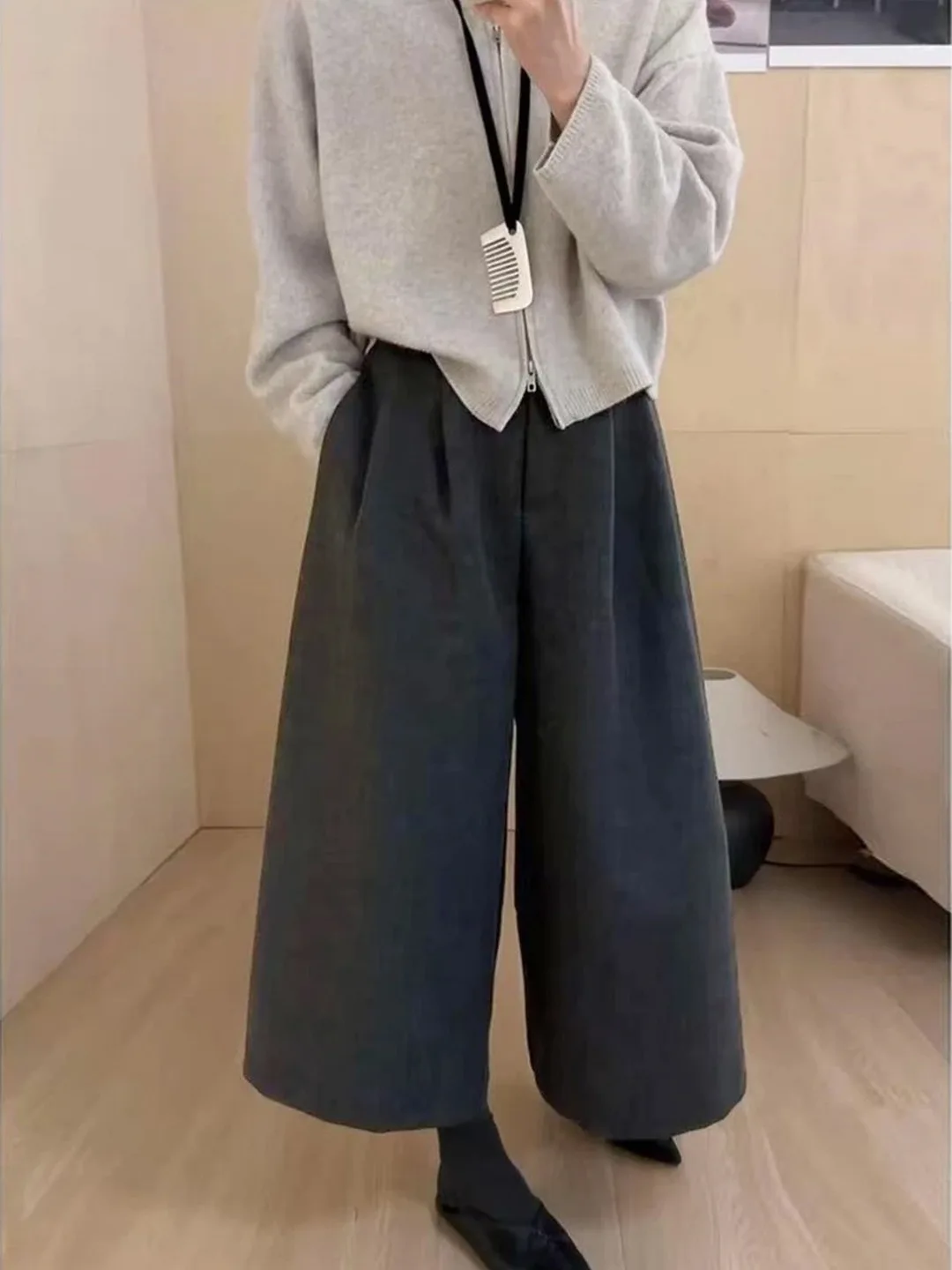 グレーウールワイドレッグパンツ秋冬厚手ルーズスリムナインポイントパンツハイウエストストレートチューブカジュアルパンツ