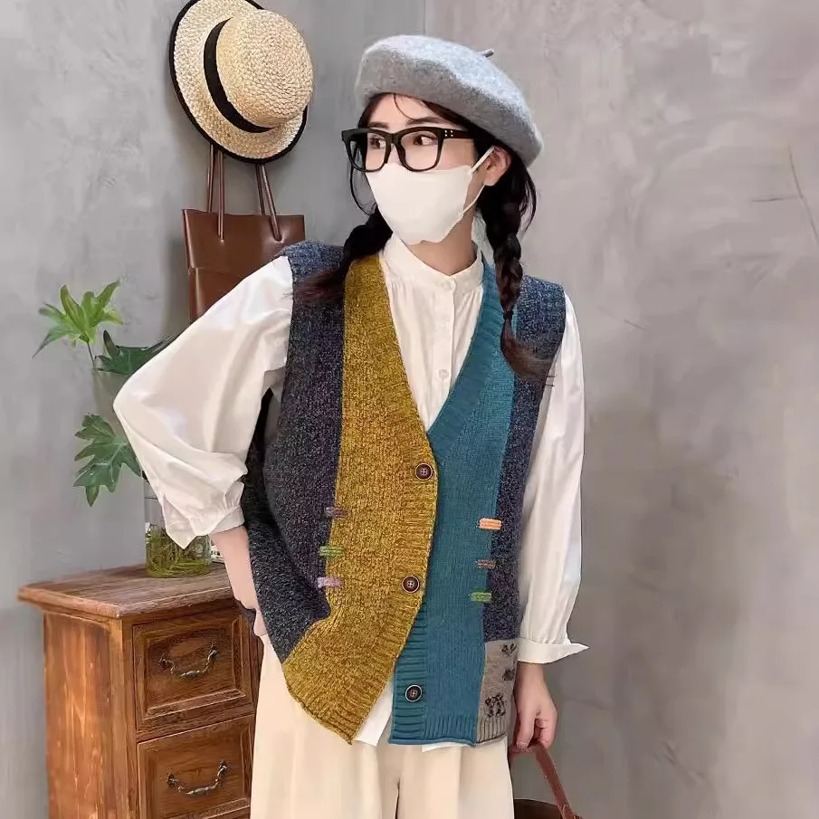 

Женский шерстяной жилет, дизайнерский кардиган контрастных цветов с V-образным вырезом, верхняя одежда на весну и осень 2024