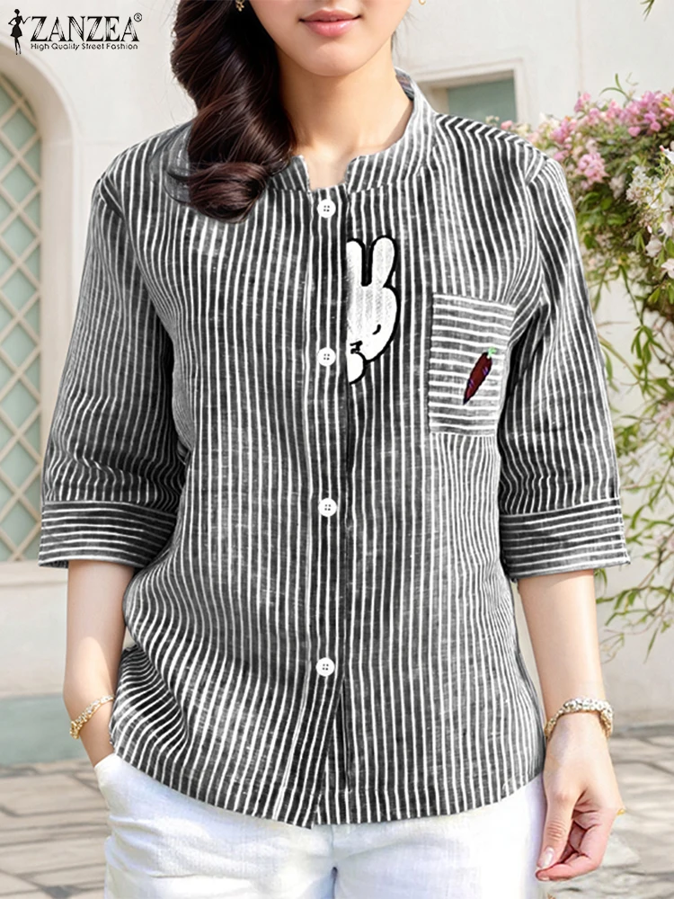 

ZANZEA 2025 Autumn Striped Blouse Women Casual Loose O Neck Tunic Three Quarter Sleeve Pockets Tops Elegant OL Work Blusas