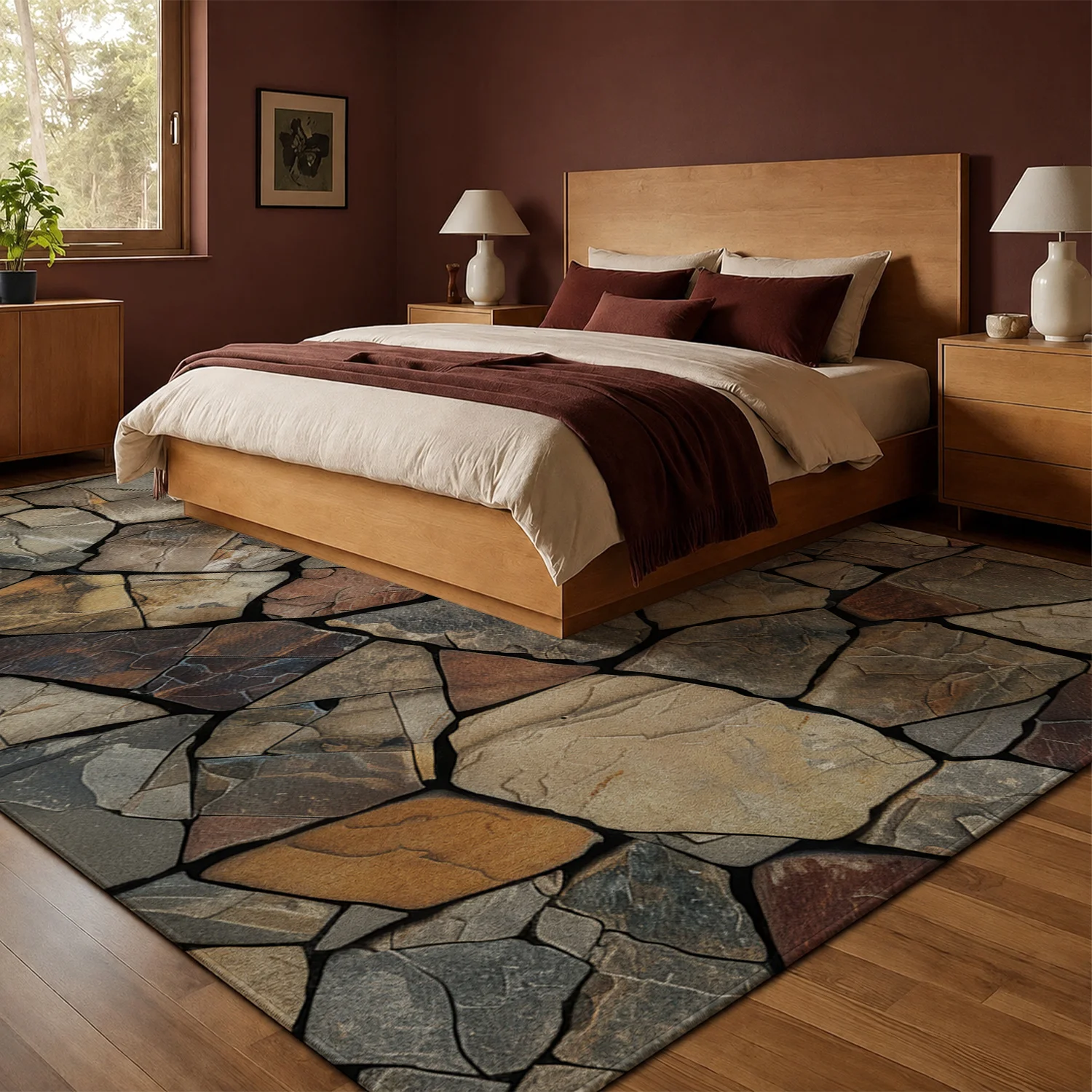 Large Indoor Area Rug, Soft Velvet Low Pile Rug with Non-Slip Dotted Backing, Machine Washable Stone Mosaic Pattern in Earthy Gray Tan Tones for Living Room, Bedroom, Entryway