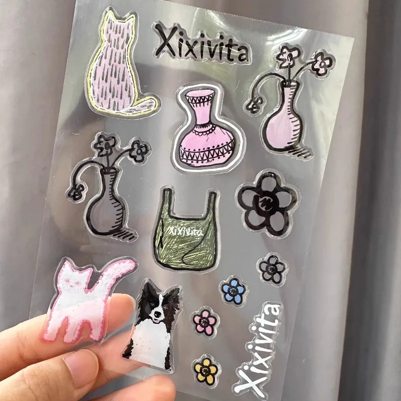 Korean Simple Ins Style Transparent Jelly Sticker Cute Cartoon Small Animal Pet Bag Flower Sticker