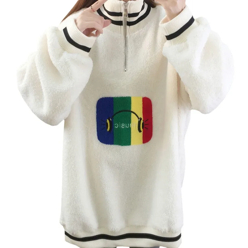 Winter Dikke Warm Lam Fleece Toevallige Trui Vrouwen Sweatshirt Geborduurde Harajuku Patroon Muziek Headset Hoody Vrouwelijke