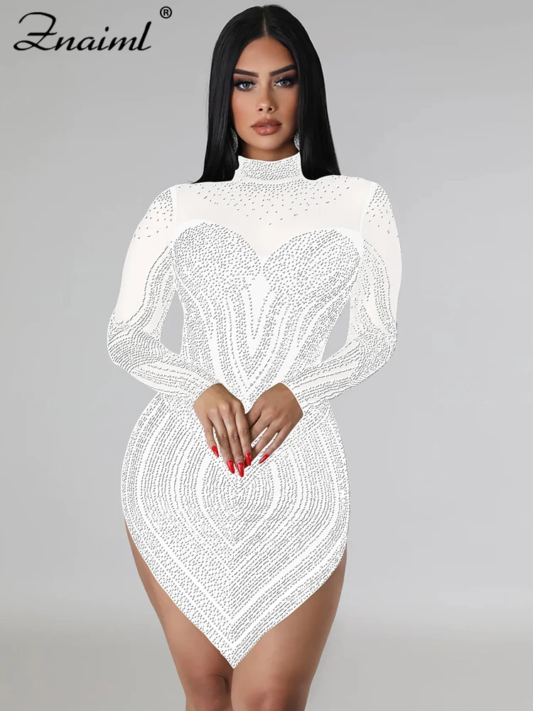 

Znaiml Luxury Sheer Mesh Patchwork White Short Dress for Women Sparkly Crystal Rhinestones Party Night Club Birthday Vestidos