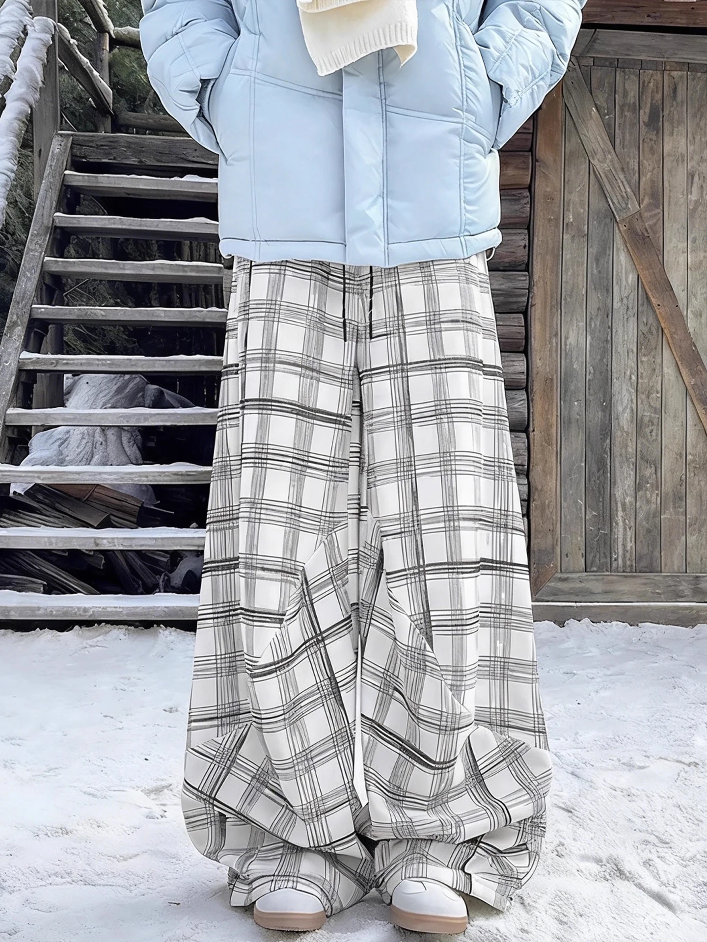 Casual Plaid Straight Leg Pants Men Women Winter Warm Fce Wide Leg Pants Loose Fit Comfortable Polyester Fiber Long Trousers