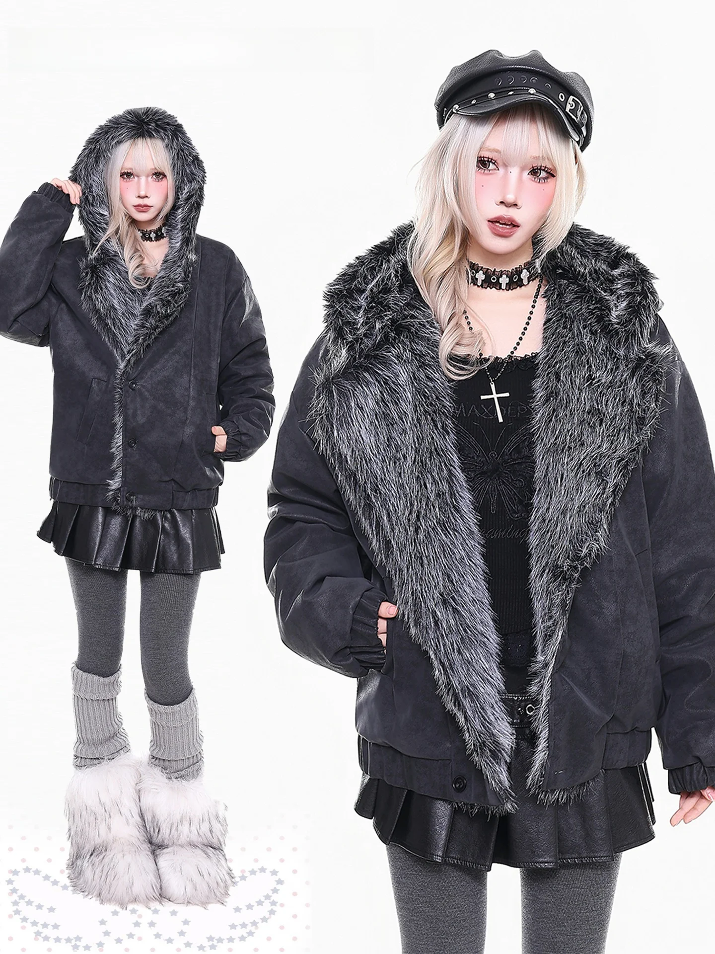 

Orange Marmalade YO Light Suede Thiened Winter Coat Women's Warmth Inteated Leather Fur Jaet Hooded Cotton Clothes