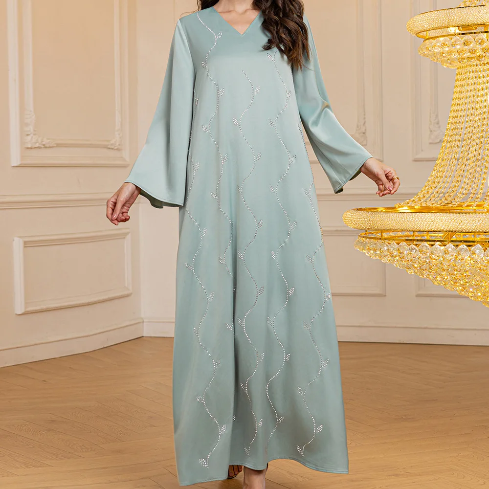 

Ramadan Muslim Women Maxi Dress Satin Abaya Diamonds Luxury Dubai Kaftan Femme Marocain Caftan Islam Jalabiya Eid Djellaba Robe