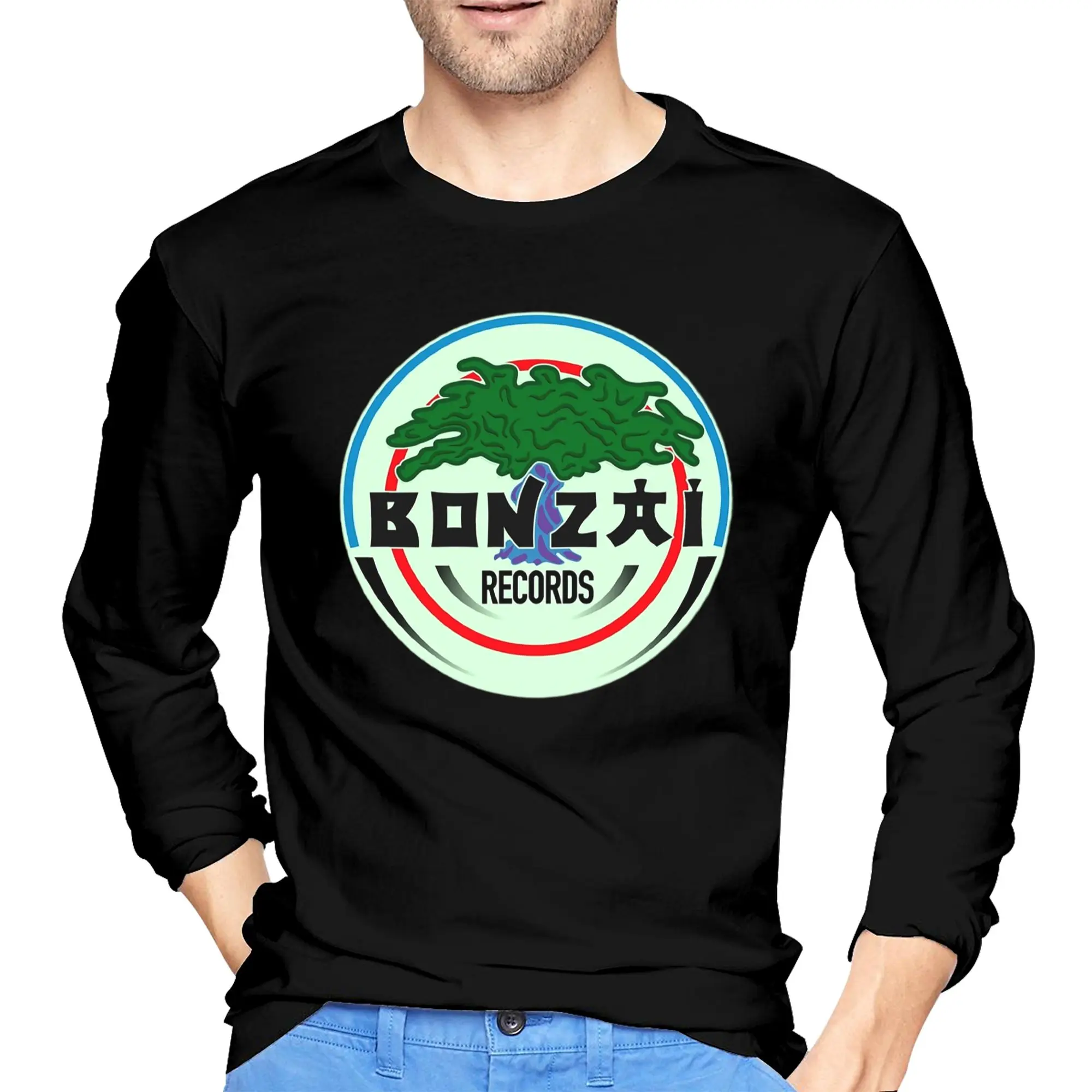 

Bonzai Records Men's Long Sleeved T-shirt Casual Round Neck T shirts Spring and Autumn Men tops
