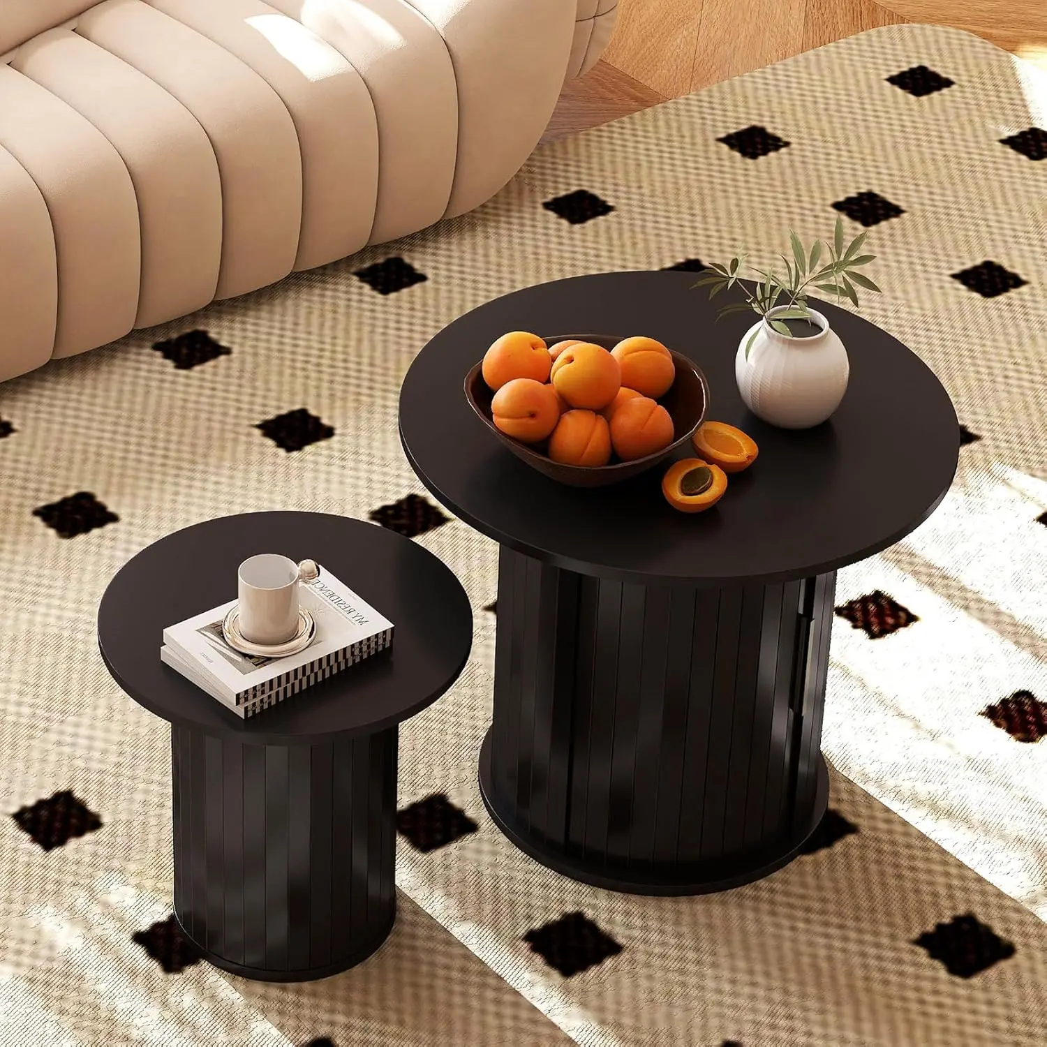 طاولة قهوة خشبية مستديرة مقاس 23.6 بوصة مع مساحة تخزين مخفية وباب منزلق، مجموعات طاولات جانبية للمزرعة الدائرية لغرفة المعيشة وغرفة النوم، Ba