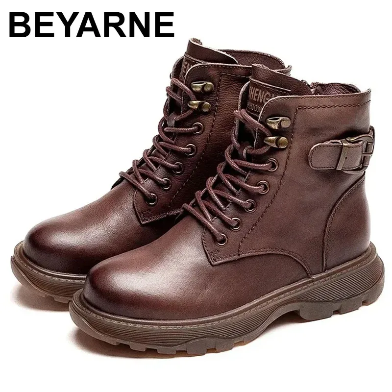 

2025 Women's Genuine Leather Ankle Boots Women Autumn Winter Lace Up Vintage Women Punk Boots Flat Ladies Shoes