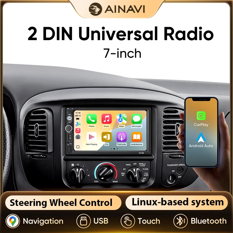 AINAVI Autoradio, kabelloses Carplay, Android Auto, 2-DIN, 7-Zoll-HD-Touchscreen, universelles Autoradio, Bluetooth, FM, Multimedia-Player für alle Fahrzeugtypen, K70.