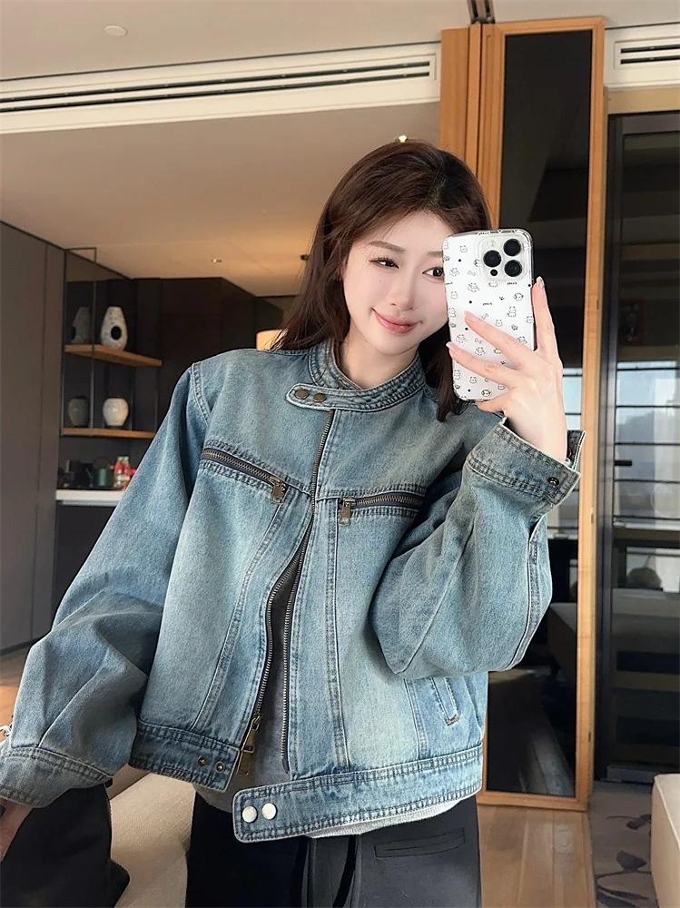 

American Washed Short Stand Collar Denim Jacket Women's Loose Fit Summer New Style Versatile Casual Zipper Closure Coat