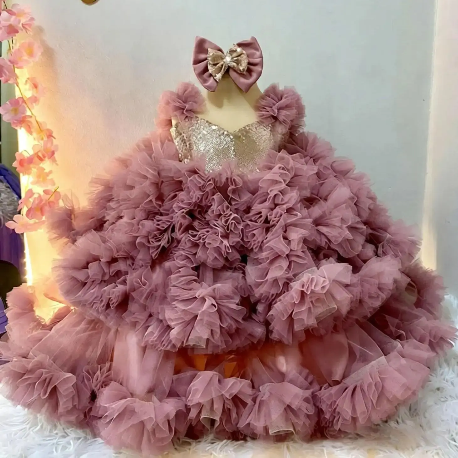 

Пыльно-розовые платья для дня рождения для девочек, пышные оборки, платье с цветочным узором для девочек на свадьбу, детские платья принцессы для фотосессии