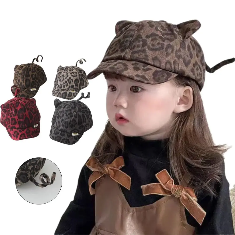 Adjustable Baseball Cap Cute Ears and tail UV Protection Infant Toddler Hat Windproof Vintage Leopard Print Short Brim Hat