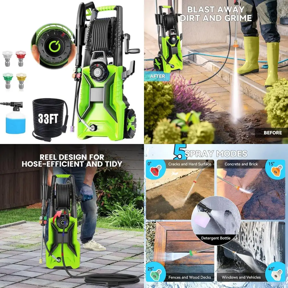 

Мойка высокого давления 2025 года: регулируемое давление 2500-5000 PSI, шланг 10 м, 4 насадки, бак для моющего средства для автомобилей