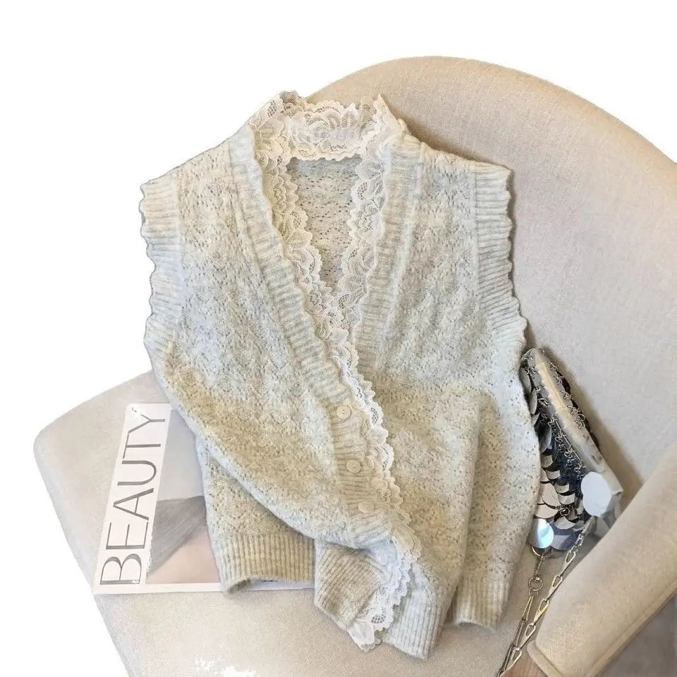 

Gagarich V-neck Lace Lace Patchwork Knitted Vest Women Spring Autumn Stylish Outerwear Vest Camisole Cardigan Top