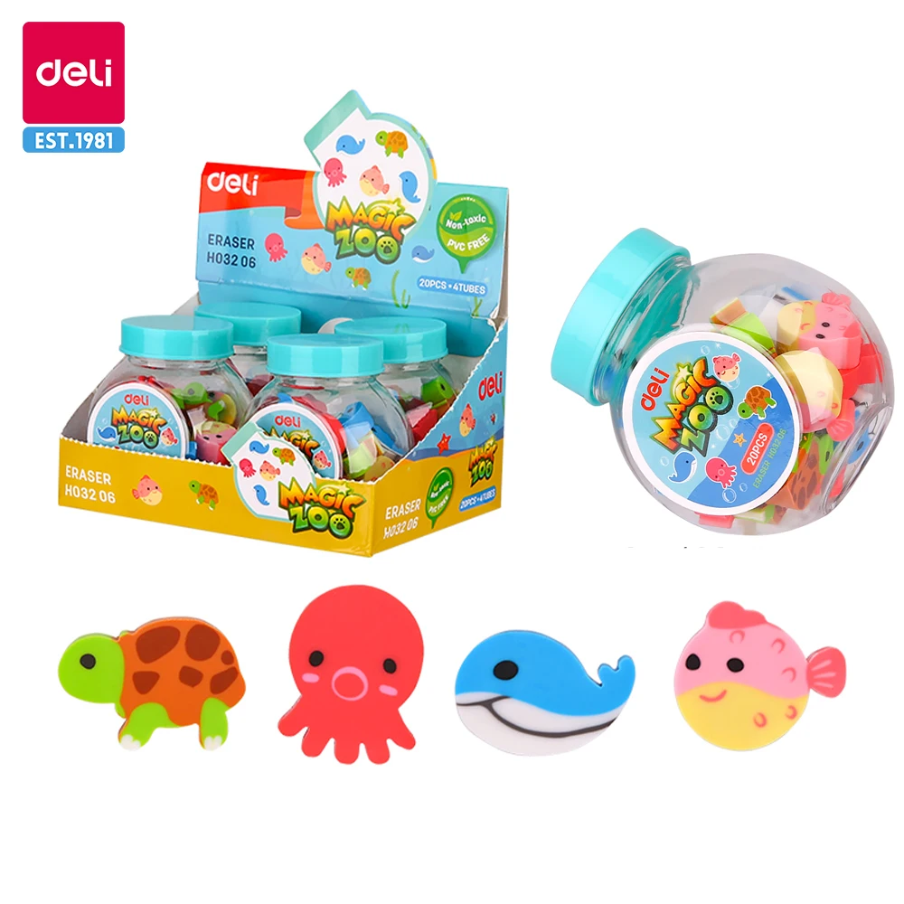 Deli 20Pcs Kawaii Erasers Animal-Shaped Soft Rubber for Kids Gift Clear Eraser Pencil Set Office School  Art Supplies Stationery