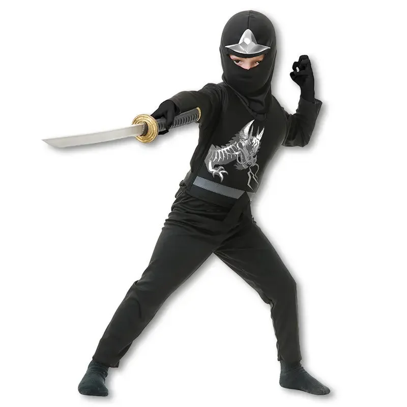 Festa de halloween cosplay ninja fantasia vestido para meninos crianças preto dragão ninja traje