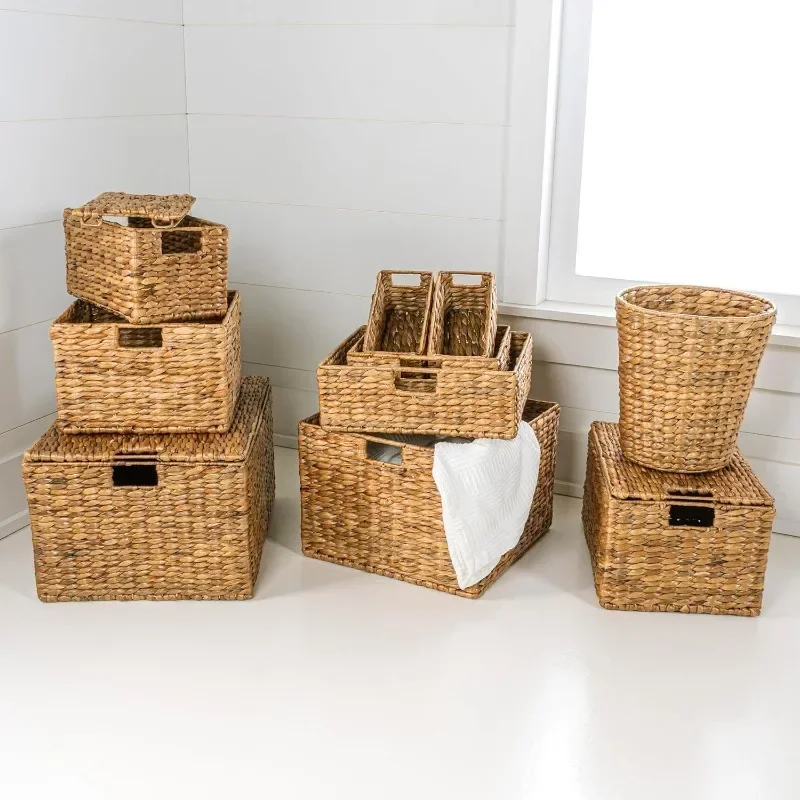 Home.BSK1010A-10SET Traditional Assorted Hand-Woven Hyacinth/Iron Baskets, Natural (Set of 10), Storage Organizing, Laundry