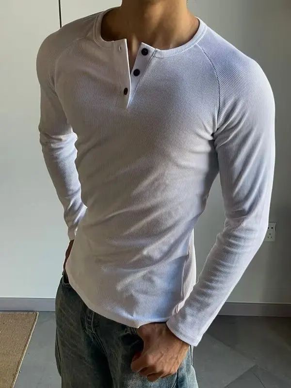 American Style Fitness Men's Long Sleeve T-Shirt Henry Shirt Sports Wear Muscle Fit Polyester Fiber Resistant to Deformation