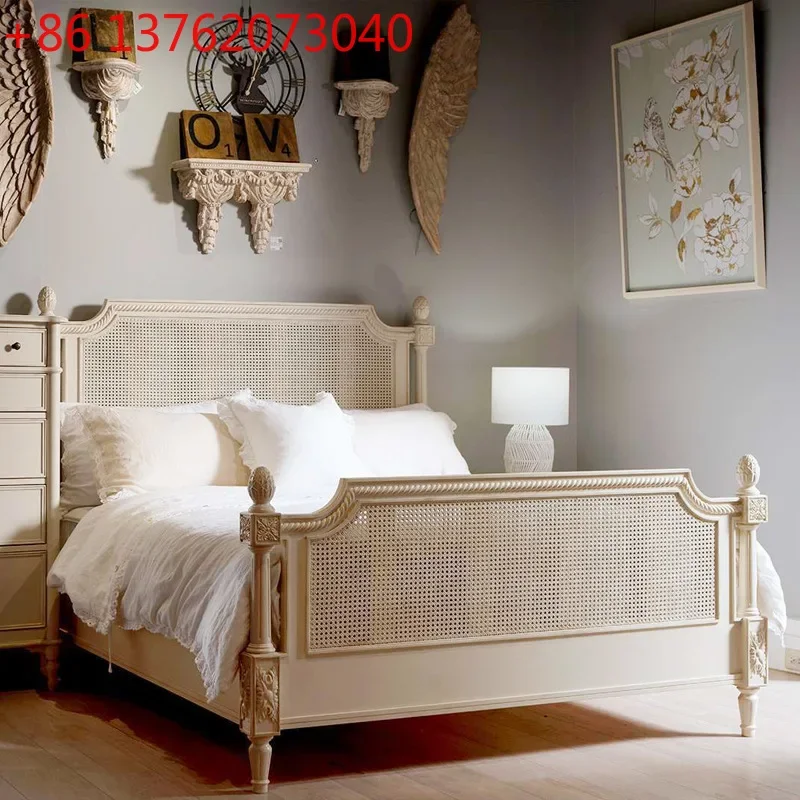 

Французская ретро-кровать из ротанга, двуспальная, европейская, из массива дерева, с резьбой, цветочная, детская, американская, для спальни